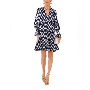 Pomander Place Navy and White Zigzag Tiered Mini Dress